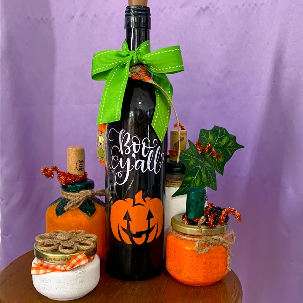 Halloween Decor Wine Bottle with Green Bow